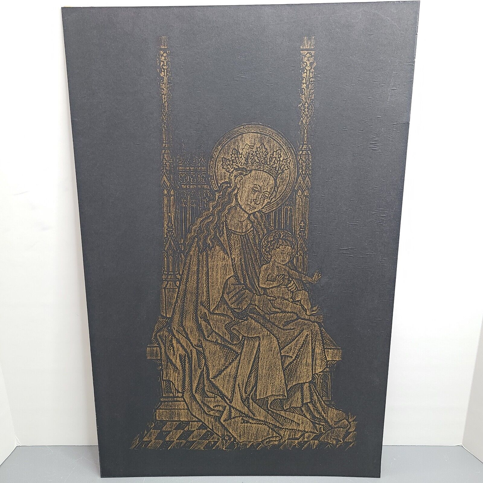 Vintage Madonna Mother Mary Baby  Jesus Christ Brass Rubbing Art Matted 14