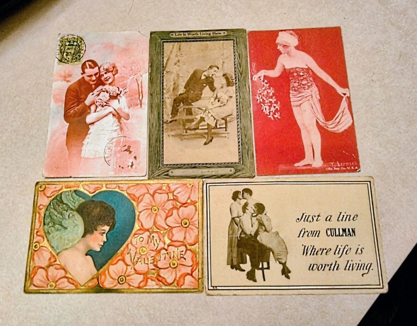 Vintage Lot 5 Antique Early  Embossed  Valentine's Day Postcards & 1 Cent Stamps