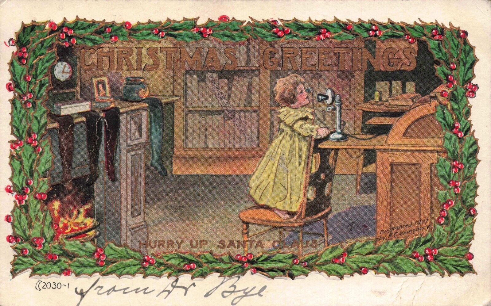 Christmas Girl Calls Santa Claus on Old Phone Stockings Hang by Fire Postcard