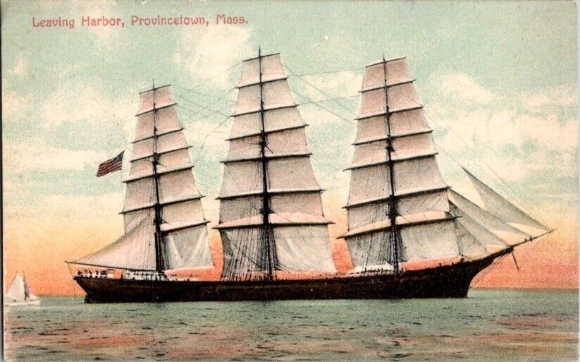 Postcard Sailing Ship Full Sail Leaves Harbor Provincetown MA Massachusetts M196