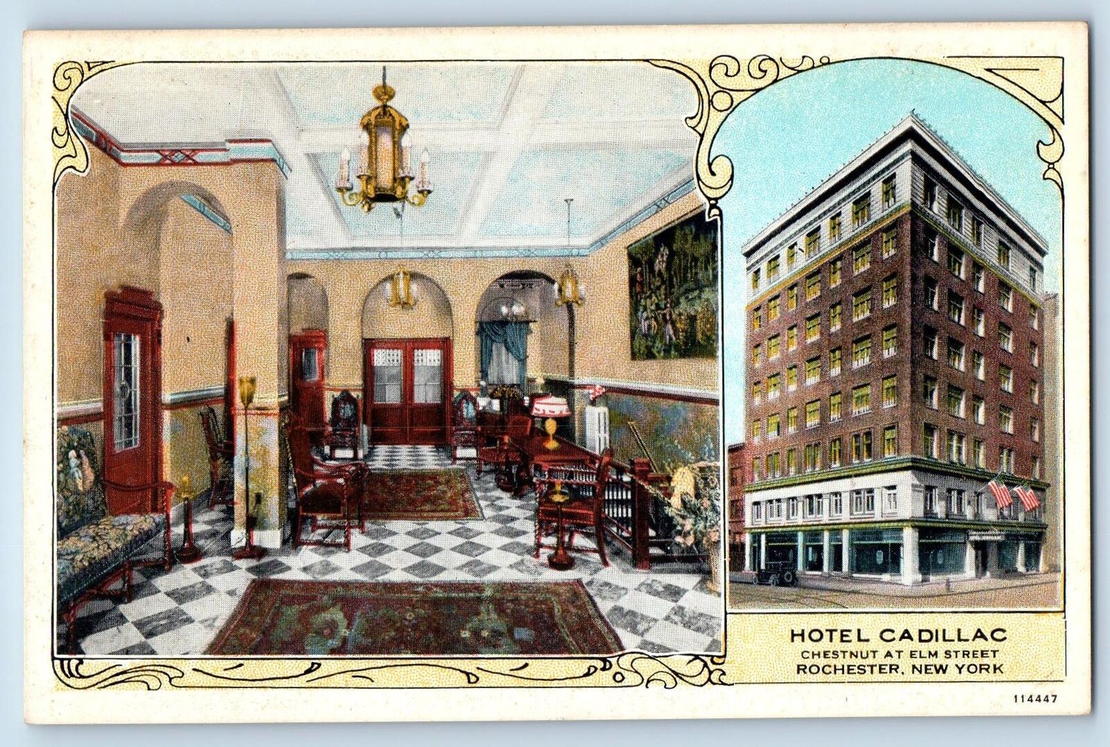 Rochester New York NY Postcard Hotel Cadillac Exterior And Lobby c1940s Vintage