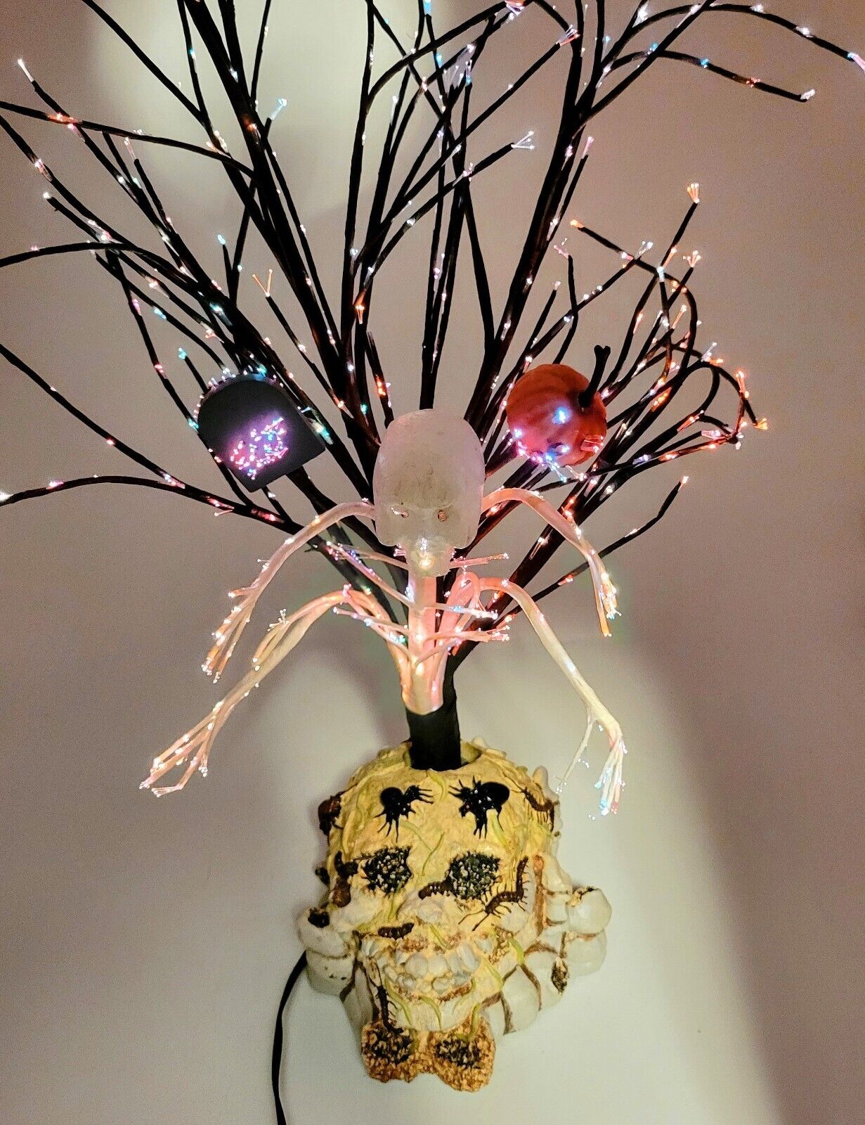 Vtg Puleo Tree Co Halloween Haunted Tree And Skull W/ Bugs Fiber Optic Electric 