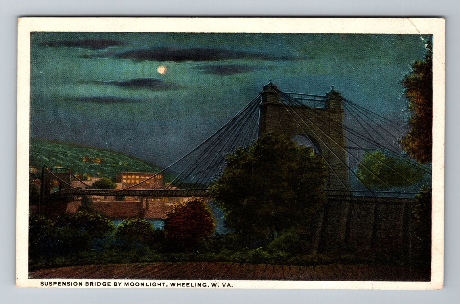 Wheeling WV-West Virginia, Suspension Bridge by Moonlight, Vintage Postcard