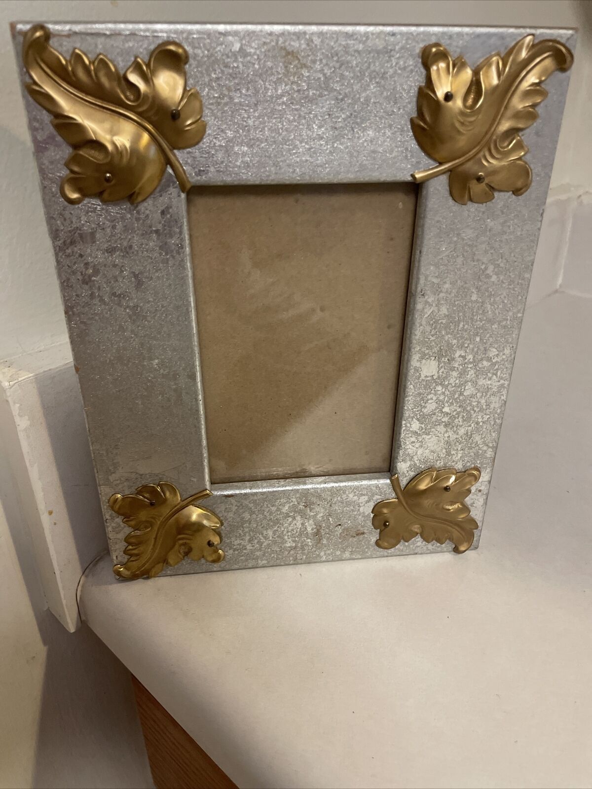 Vintage 9.75 X7.5” Metal Silver & Gold Leaf Picture Frame Fits 4x6” Photo