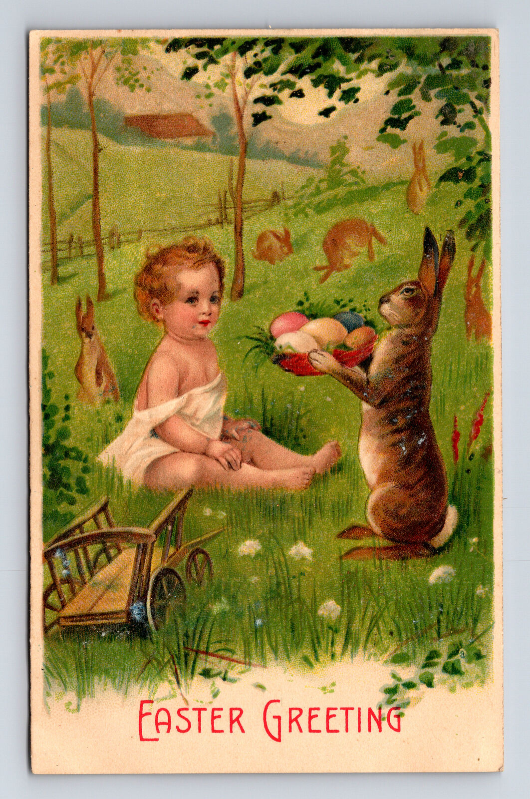 Anthropomorphic Easter Bunny Rabbits Offer Eggs to Baby Farm Field Cart Postcard