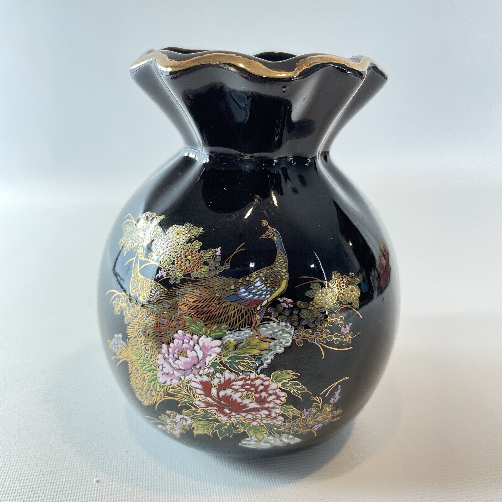 Vintage Black Small Vase Peacock Floral Design Gold Trim Pottery Japan