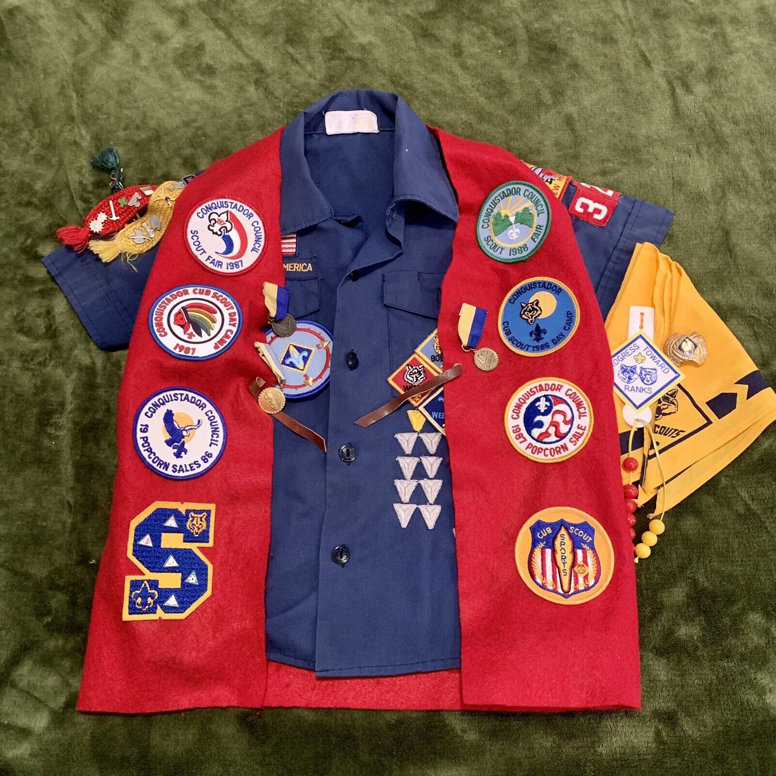 Vintage 1980s Boy Scout Uniform Shirt and Vest with Patches, Pins and Metals.
