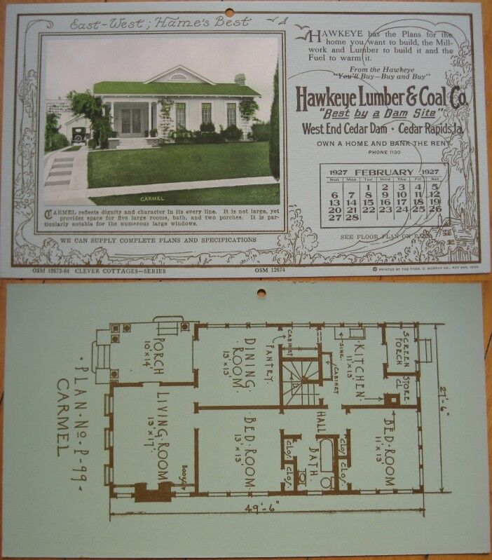 Cedar Rapids, IA 1927 Advertising Calendar w/Craftsman Home Plan- Hawkeye Lumber