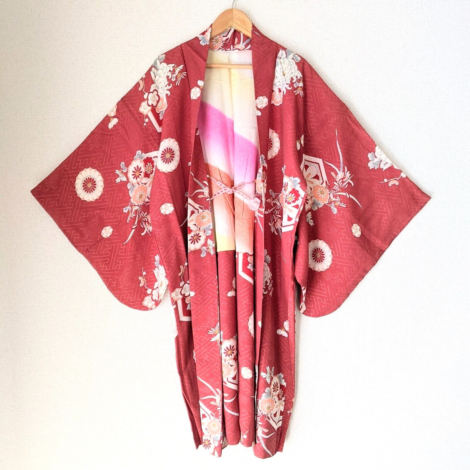 Japanese Vintage Haori Long Red Full of flowers Pattern Silk Kimono Gown Robe