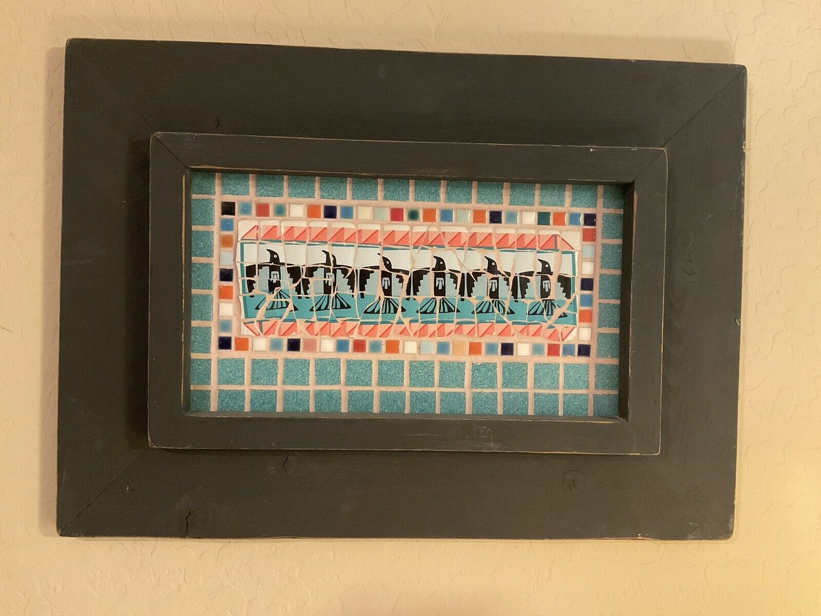 Vintage Turquoise/Coral Thunderbird Native American Tile Art Mosaic Framed
