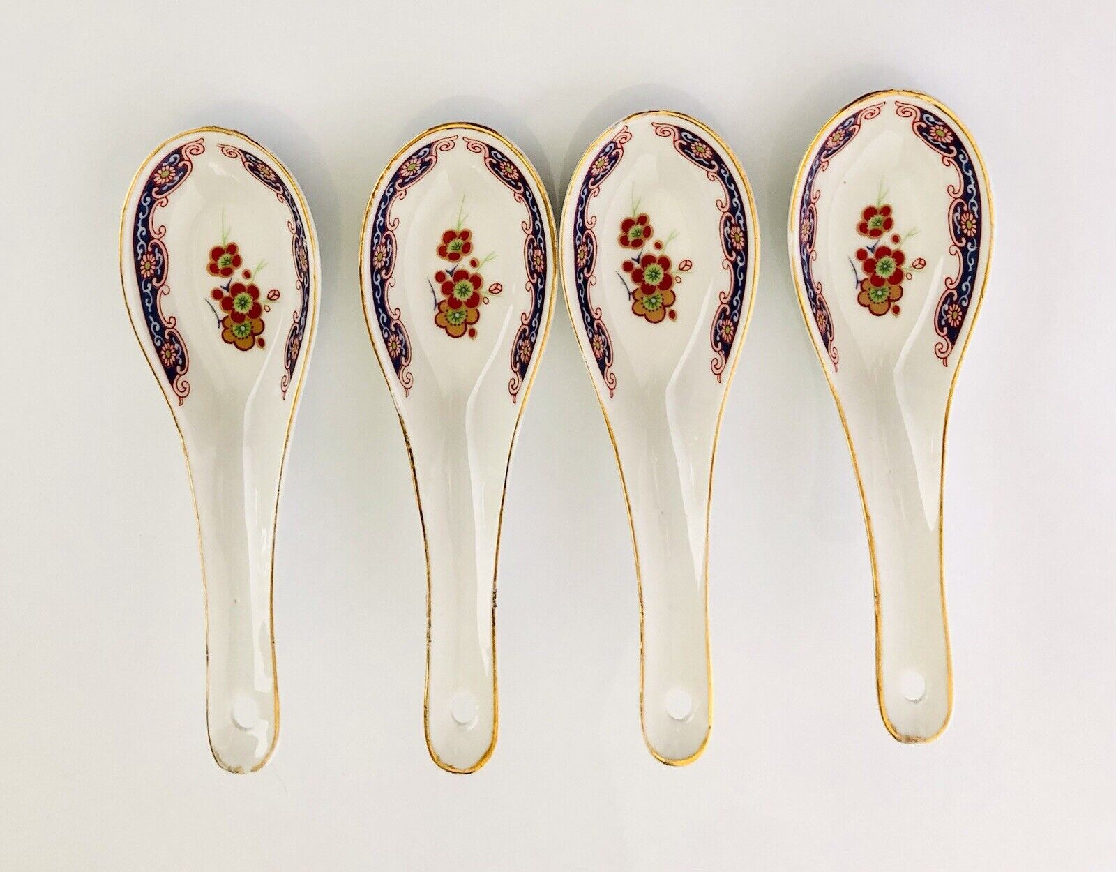 4 Chinese Soup Spoons Floral Asian Porcelain Oriental  Gold Trim Vintage 5 1/2”