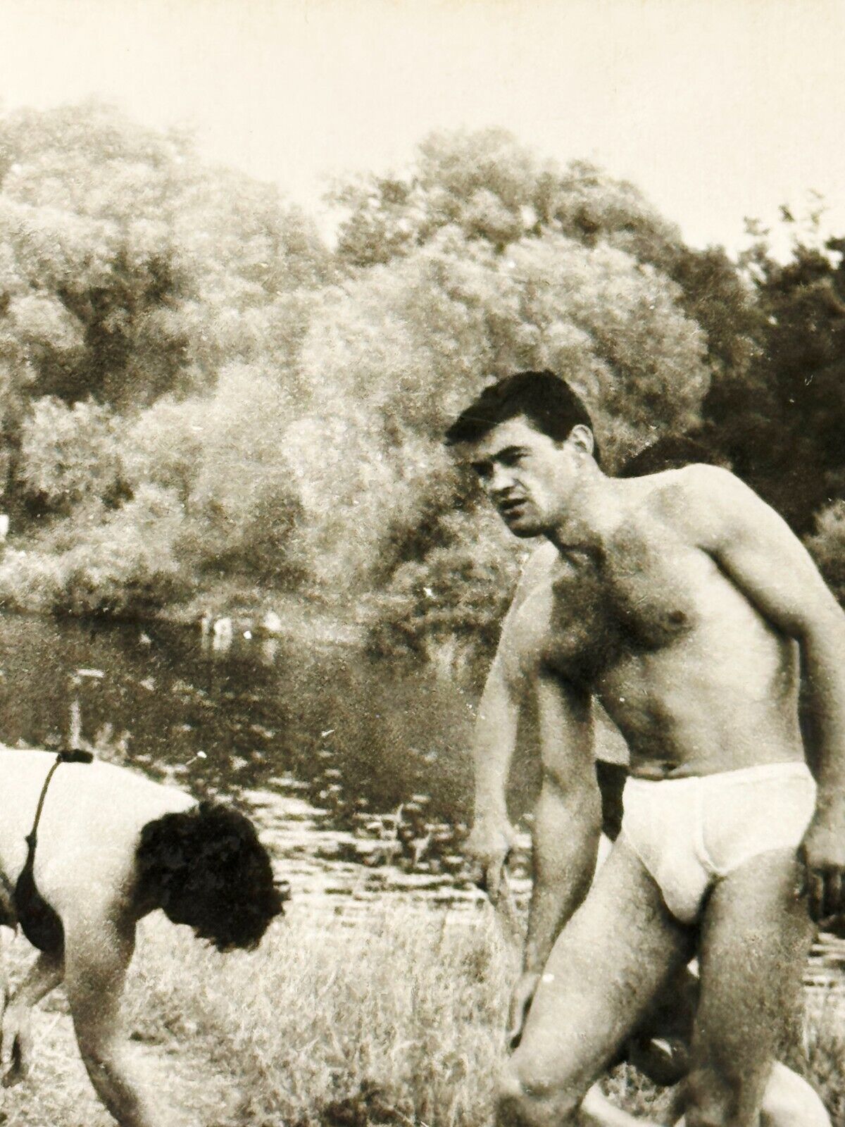 1970s Handsome Men Muscular Beefcake Guy White Swimming Trunks Gay Int B&W Photo