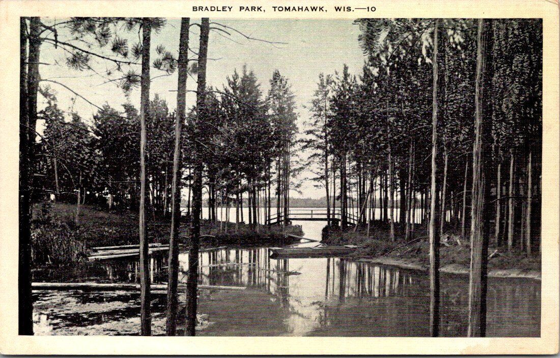 Tomahawk WI Bradley Park River Bridge Wooden Boat Trees White Border Postcard 