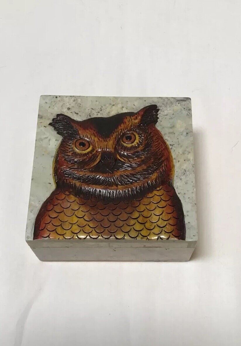 OWL TRINKET JEWELRY BOX CARVED STONE 4”VINTAGE HAND PAINTED