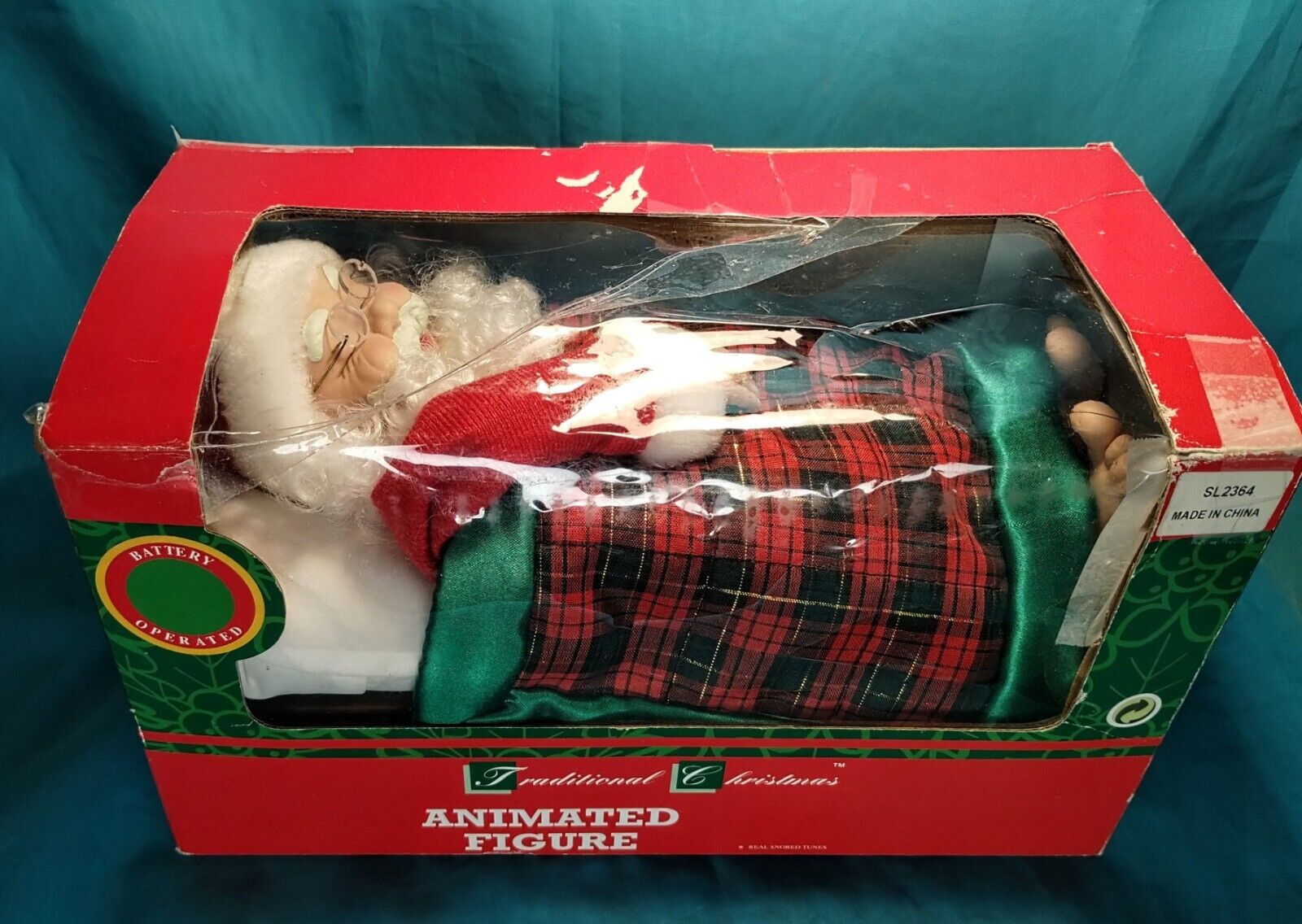 Vintage 1995 Animated Sleeping Santa in Bed Toes Out Christmas Holiday Decor