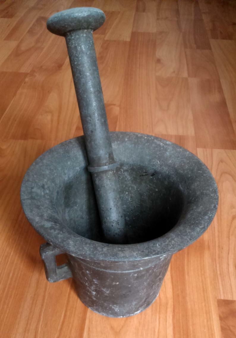Vintage Romanian aluminum mortar pestle kitchen mortar primitive large grinder