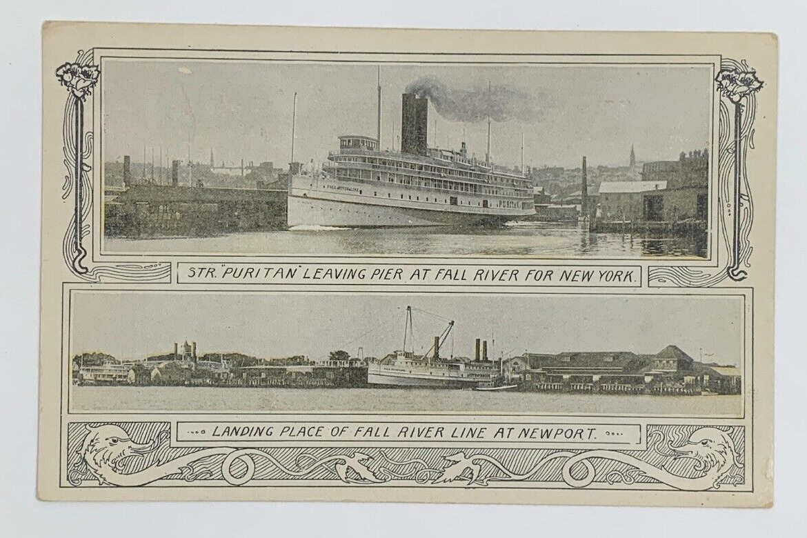 STR Puritan Leaving Pier at Fall River for NY Landing at Newport Postcard