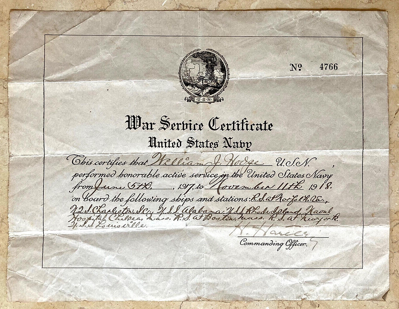 WWI US MARINE CORPS - MARINE'S WAR SERVICE CERTIFICATE from UNITED STATES NAVY