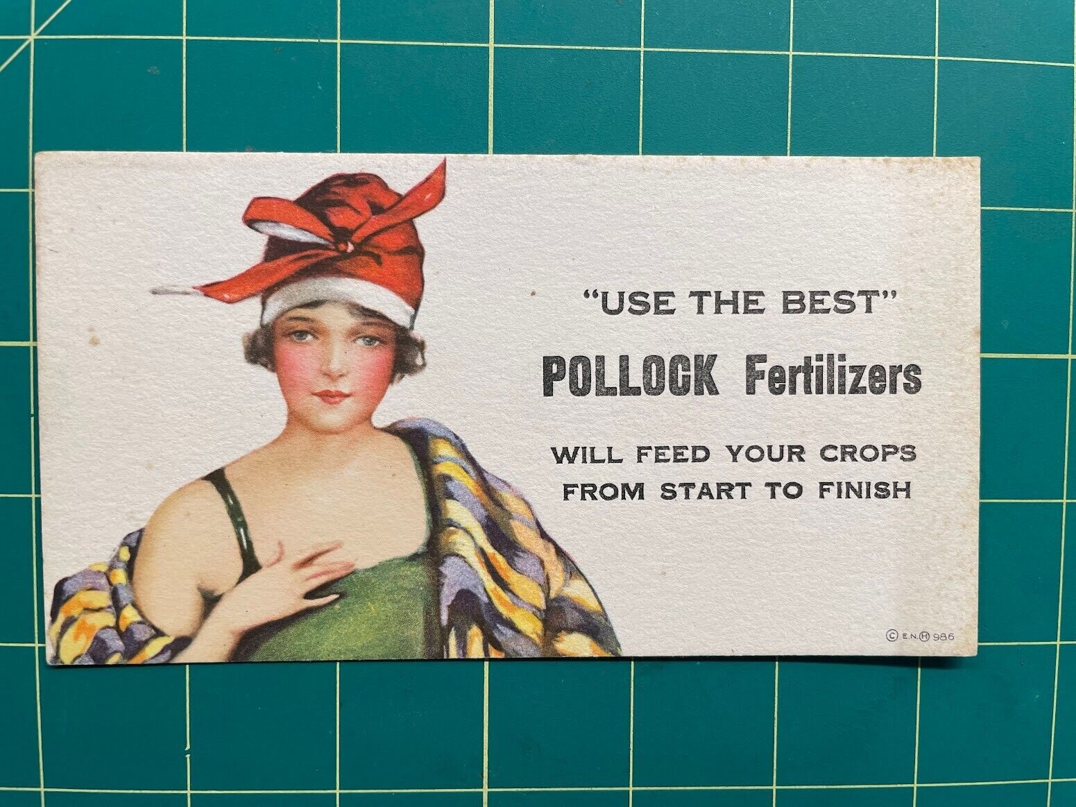 Pollock fertilizer blotter - unused - 1920s flapper woman - farm product