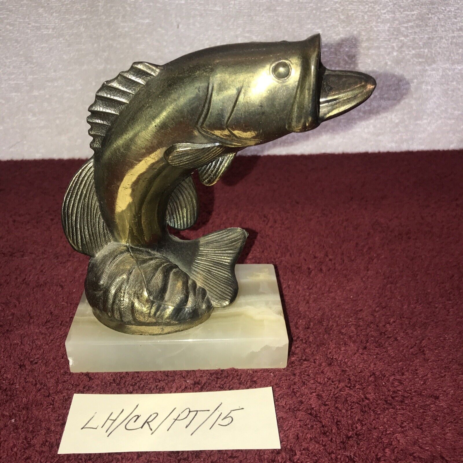 Vintage Jumping Bass Fish Statuette Paperweight Figure - Brass & Marble Base