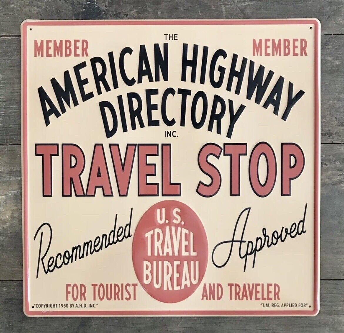 The AMERICAN HIGHWAY DIRECTORY Travel Stop Embossed Metal Sign, 17” x 17”
