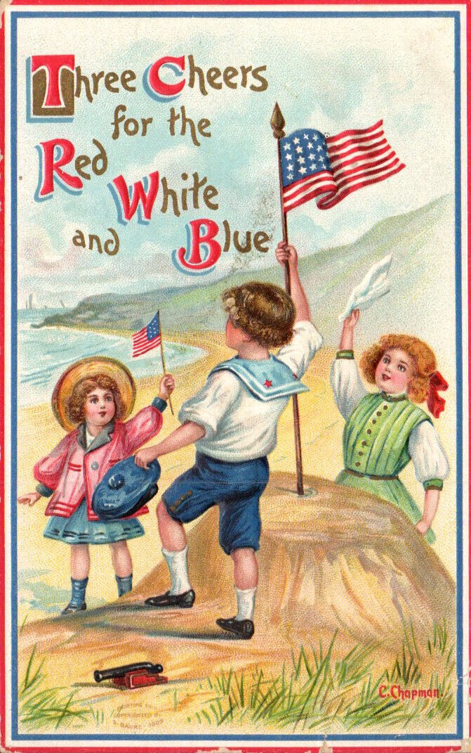 1909 4TH OF JULY PC THREE CHEERS FOR RED WHITE & BLUE CHILDREN AT BEACH FLAGS