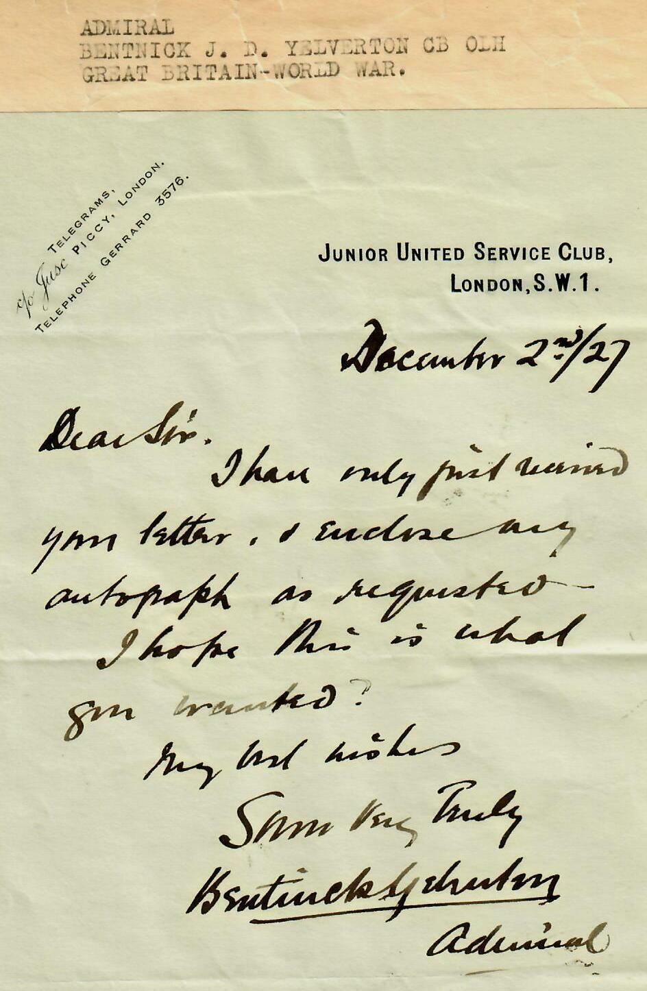 RARE “Royal Navy Admiral” Bentinck Yelverton Hand Written Letter COA