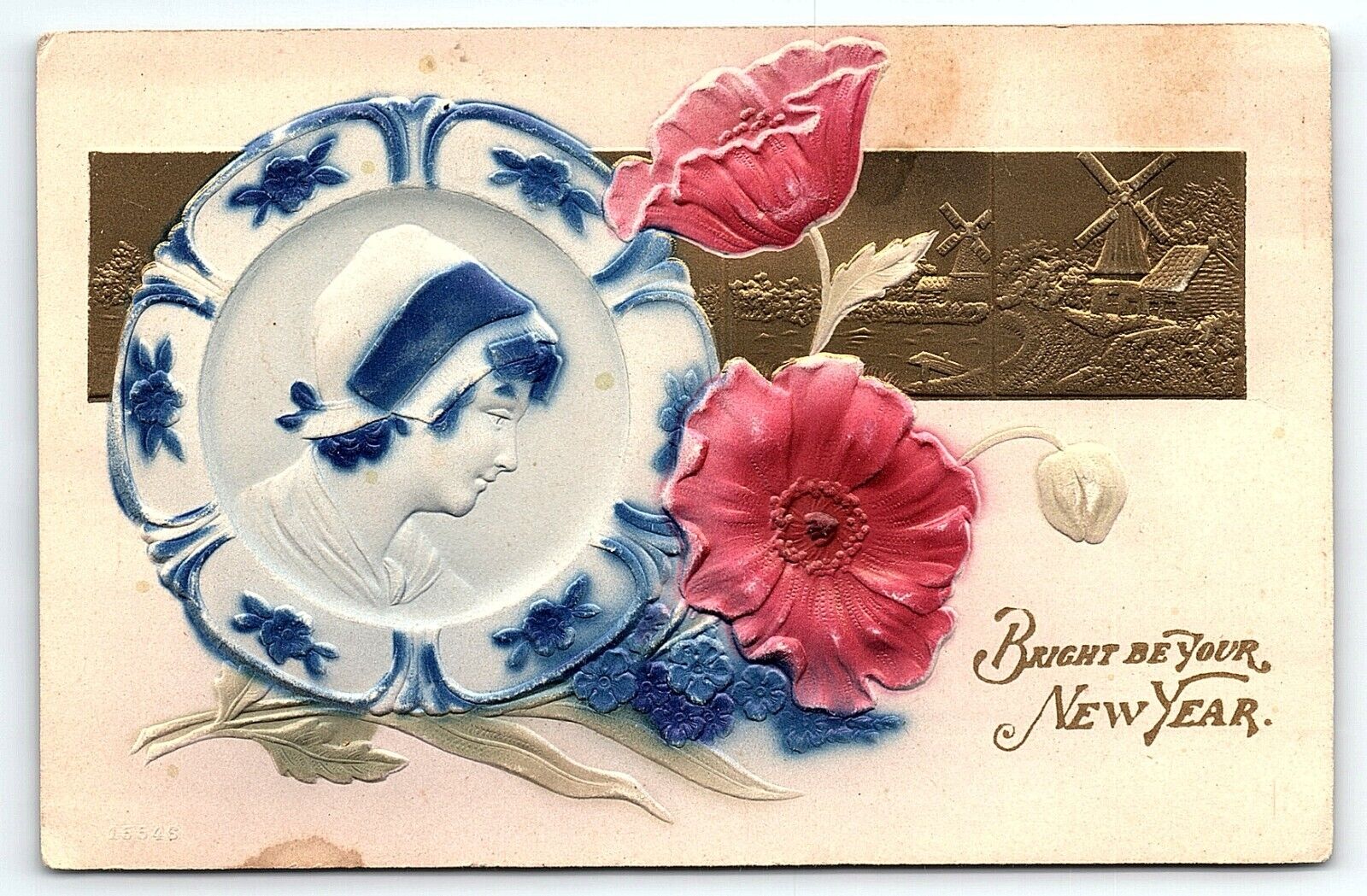 c1910 BRIGHT BE YOUR NEW YEAR FLORAL BLUE WILLOW PLATE EMBOSSED POSTCARD P3370