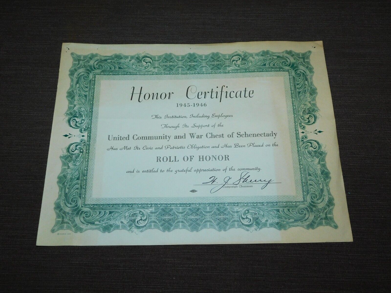 VINTAGE 1945-1946 HONOR CERTIFICATE UNITED COMMUNITY WAR CHEST OF SCHENECTADY
