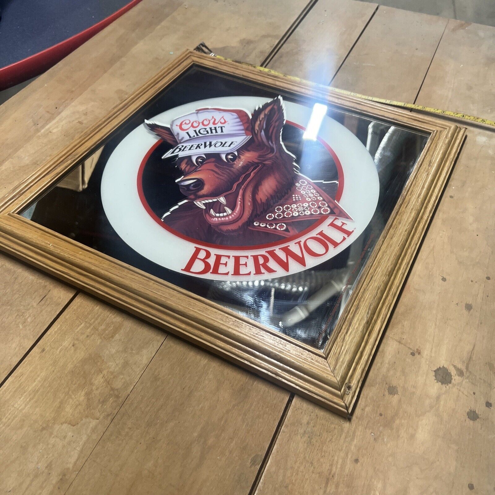 Vintage 1986 Coors Light Beer Beerwolf Wolf Framed Mirror Bar Sign - Made In USA