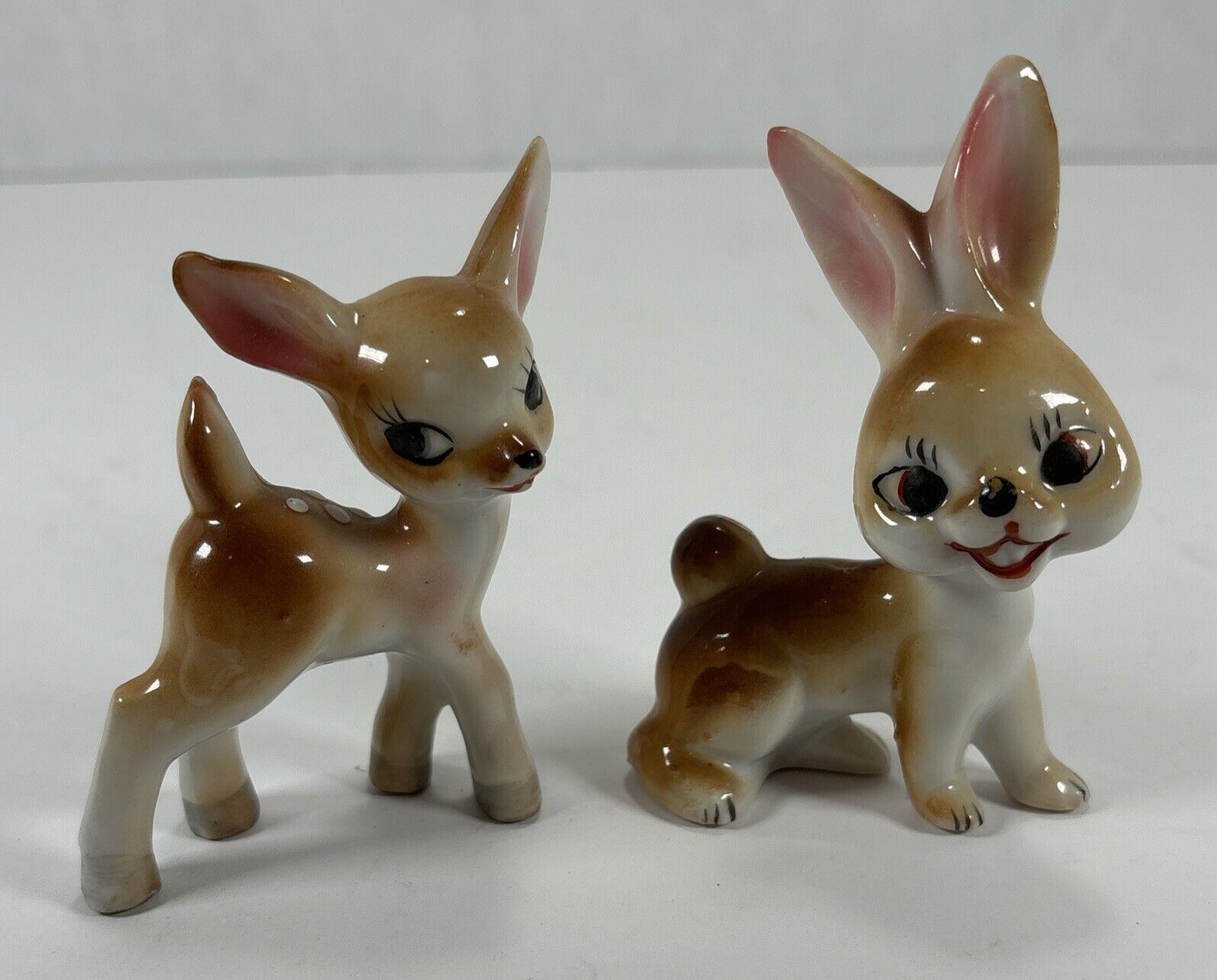 Vintage Set Deer Bunny Figurines Made Japan Fawn Rabbit Kitsch Anthropomorphic