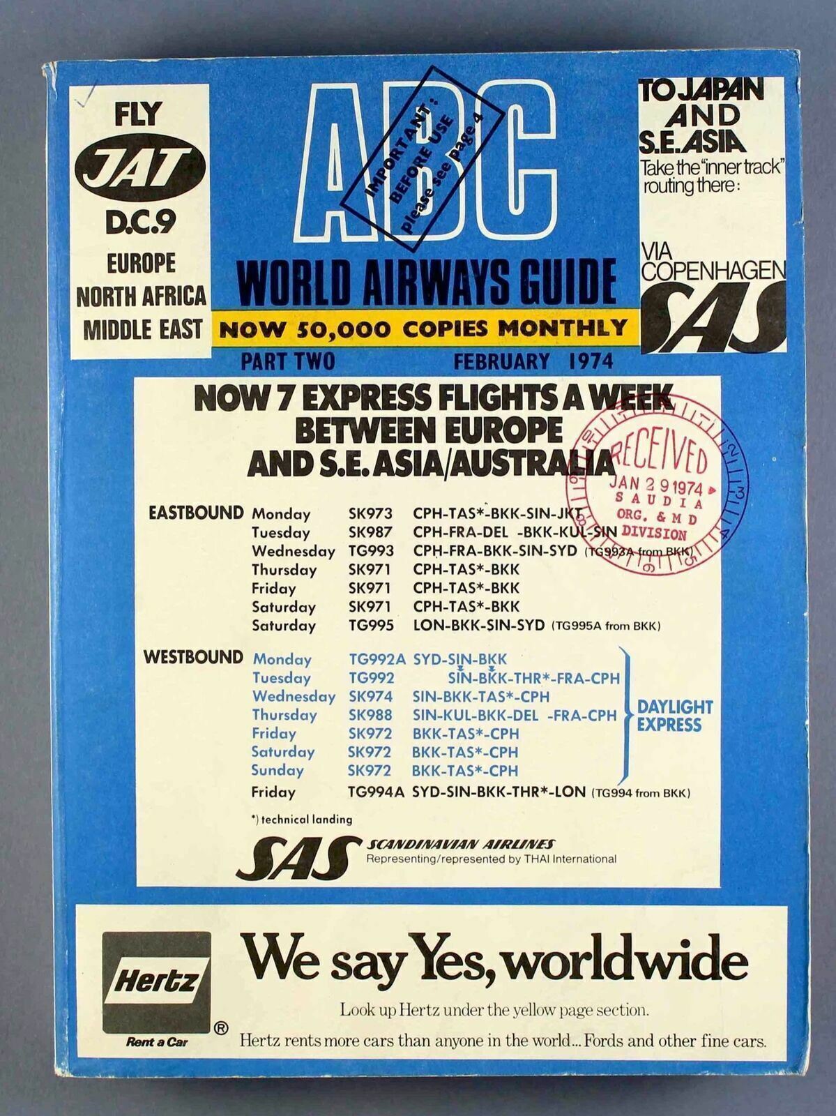 ABC WORLD AIRWAYS GUIDE FEBRUARY 1974 AIRLINE TIMETABLE PART TWO BLUE BOOK PIA