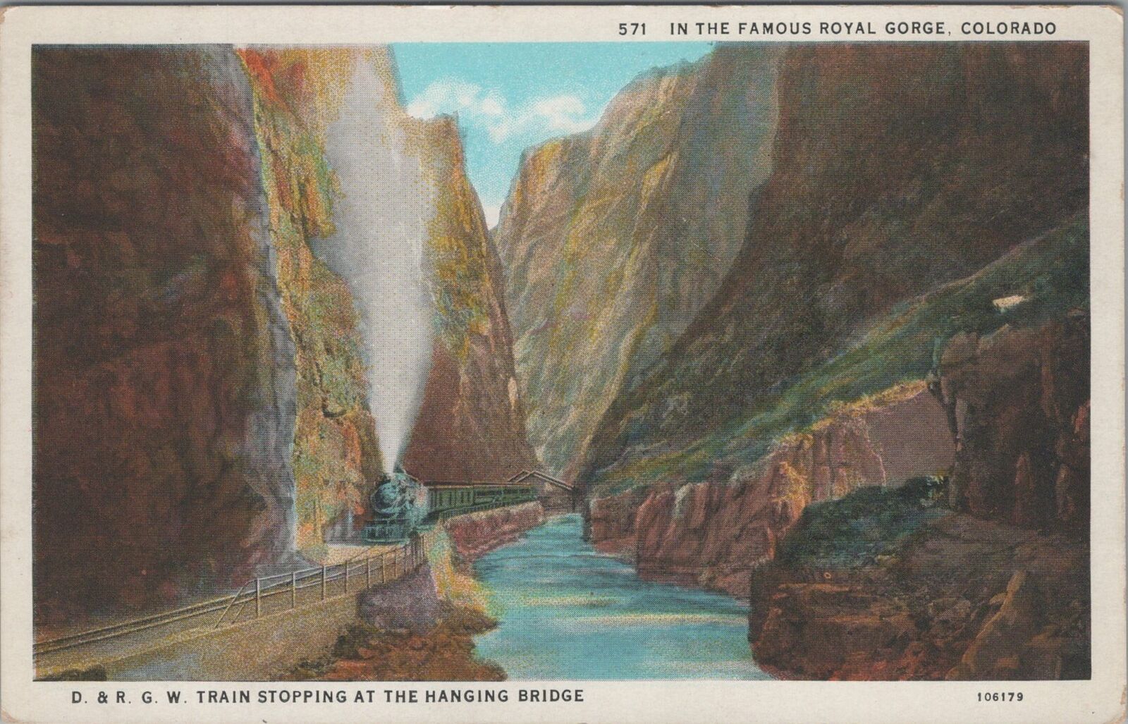 Postcard D & R GW Railroad Train at the Hanging Bridge Royal Gorge CO 