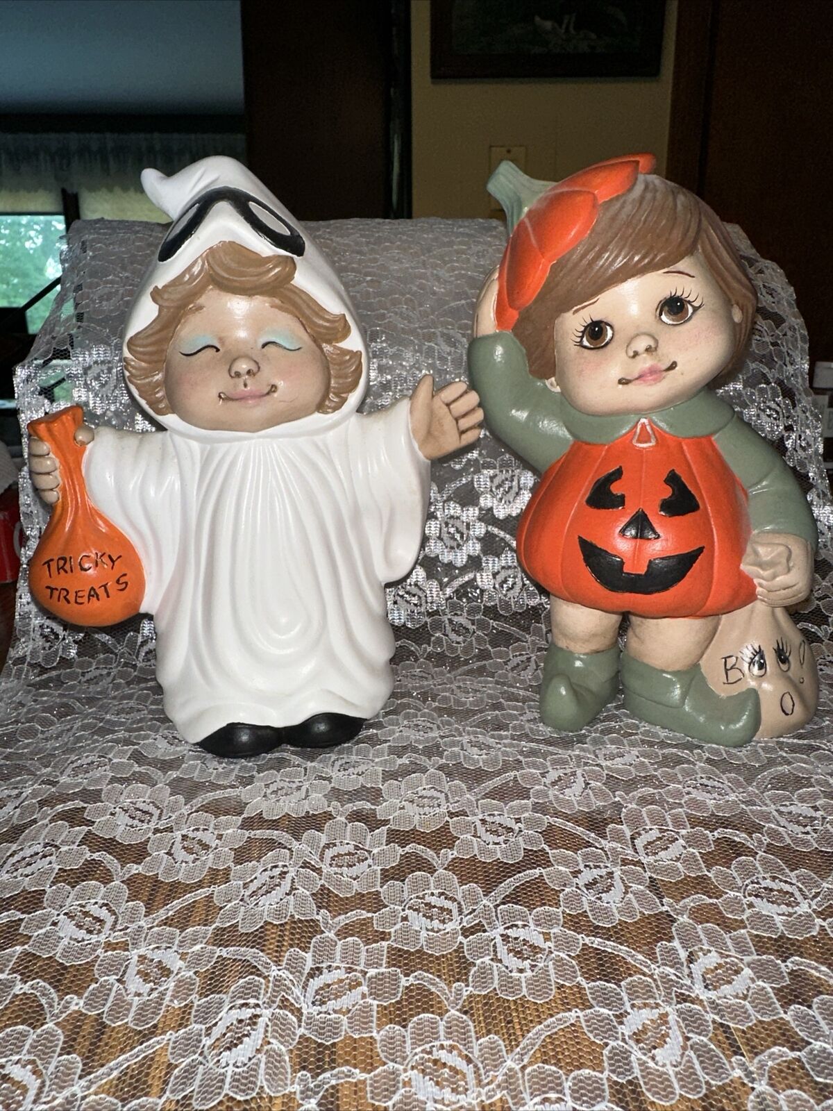 Vintage Halloween Ceramic Trick Or Treaters Statues Ghost Pumpkin 7” x 4” Ea Lot