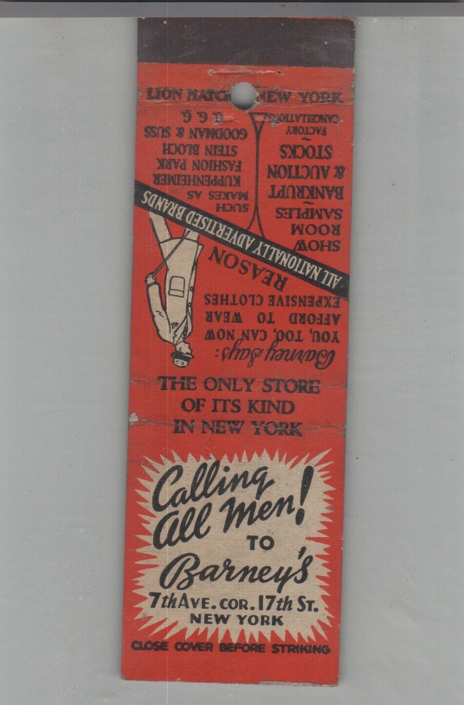 Matchbook Cover Calling All Men To Barneys Clothing Store New York, NY