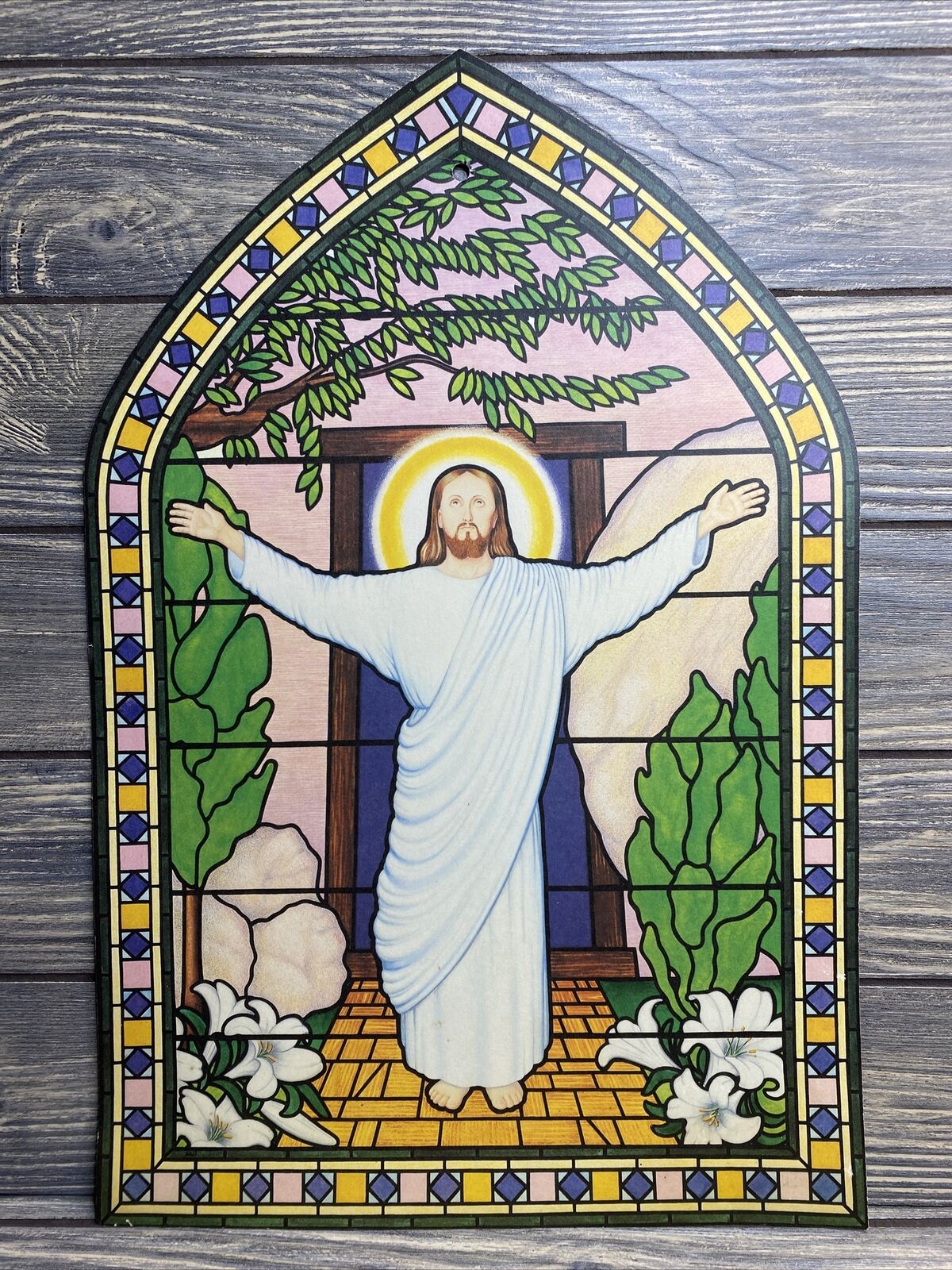 Vintage Cardboard Wall Holiday Decoration Easter Stainglass Jesus A2