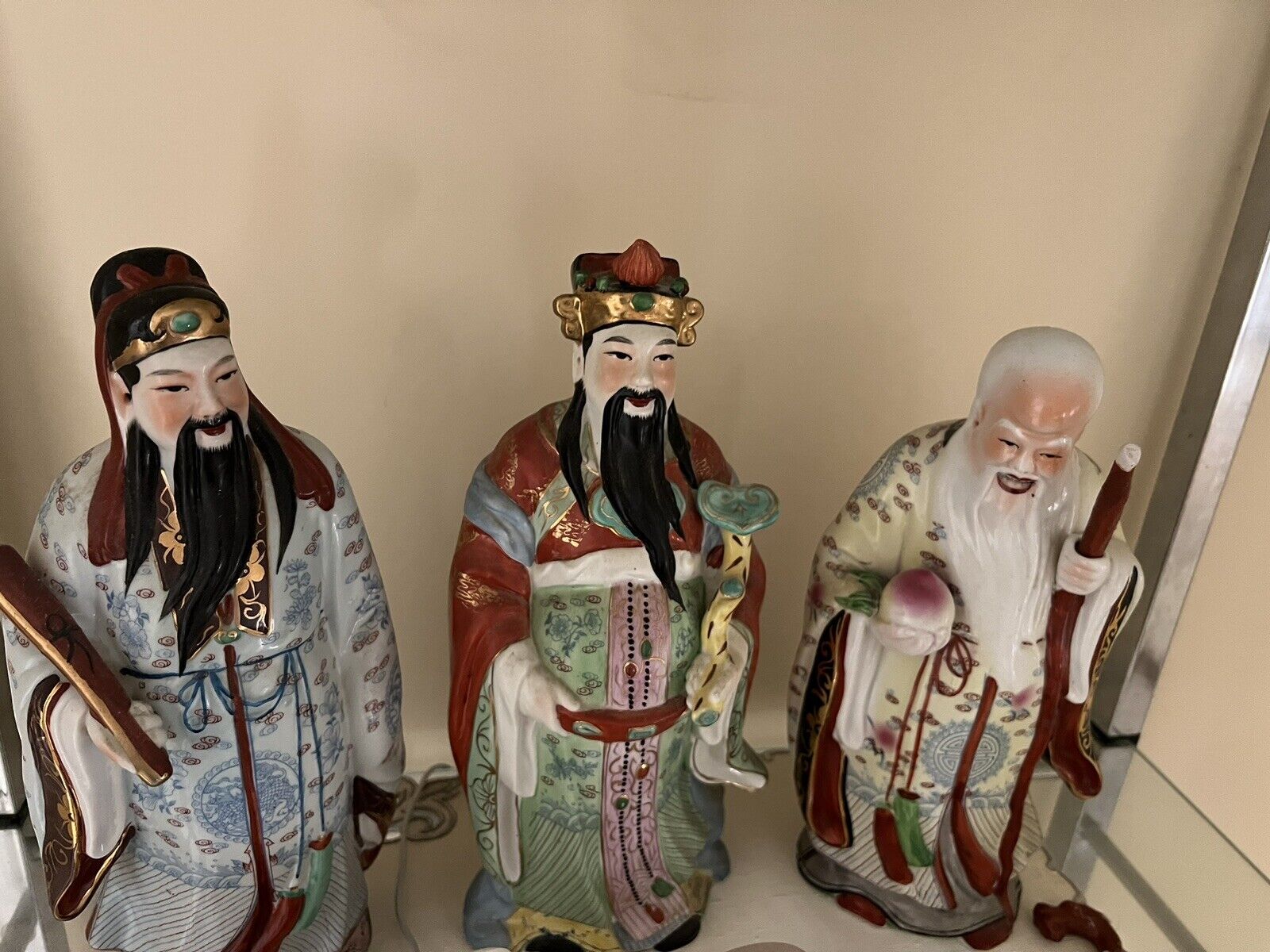 Vintage 3 Chinese Sanxing God Colorful Porcelain Figurines Wise Men Fu Lu Shou