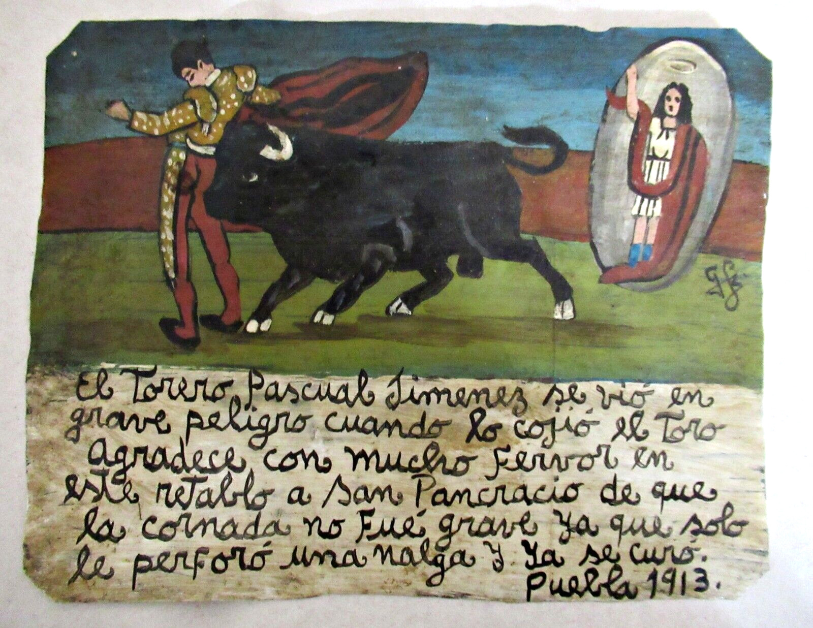 VTG HP MEXICAN TIN RETABLO SAN PANCRACIO SAVES TORERO DURING BULLFIGHT in 1913