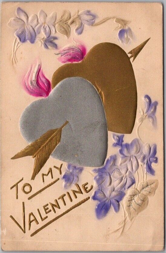 1913 VALENTINE'S DAY Embossed Postcard Burning Hearts / Arrow / Air-Brushed