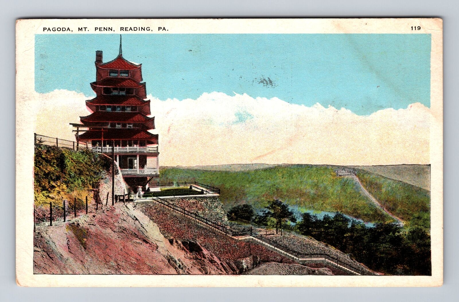 Reading PA-Pennsylvania, Pagoda at Mt Penn, Antique Vintage c1925 Postcard