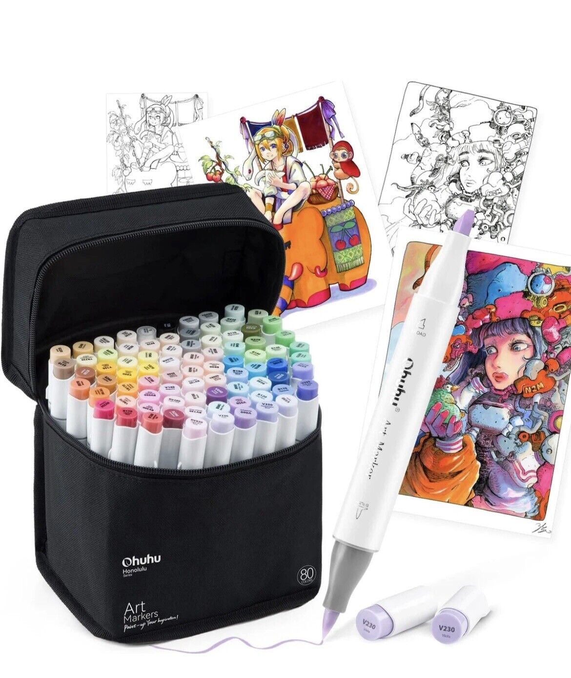 Ohuhu Illustration Markers Brush Type 80 Colors Chisel Tip w/ Blender Pen +Bonus