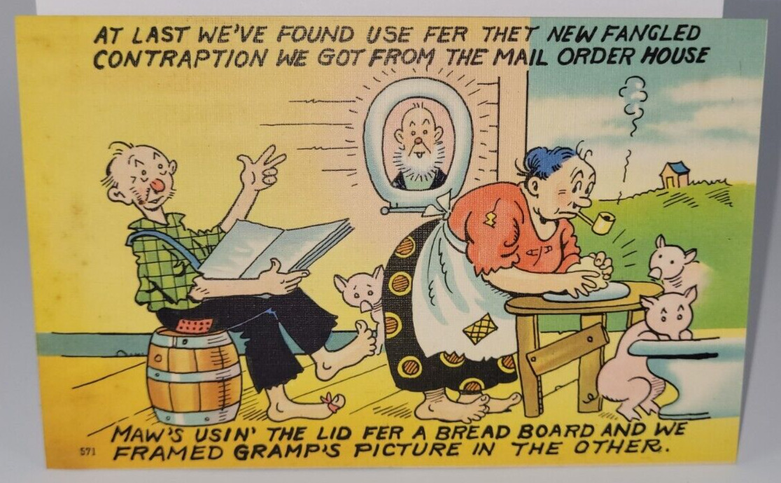 Linen Postcard 1940s AT LAST WE'VE FOUND USE FER THET... Unused Novelty Vintage