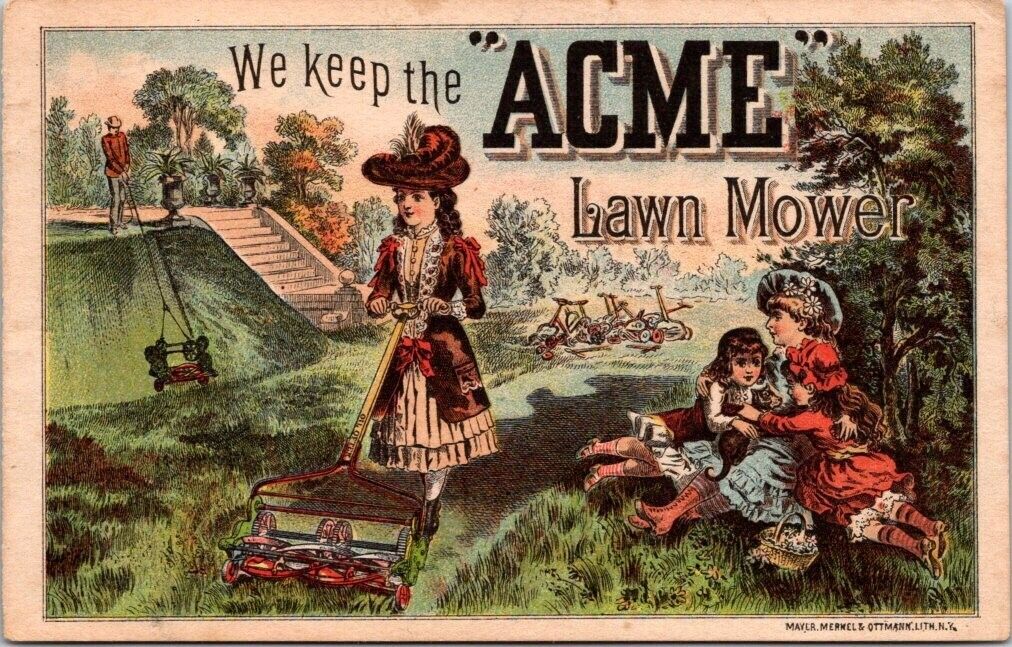 Acme Lawn Mower Well Dressed Woman Mowing Prices Girls Petting Cat HPV1