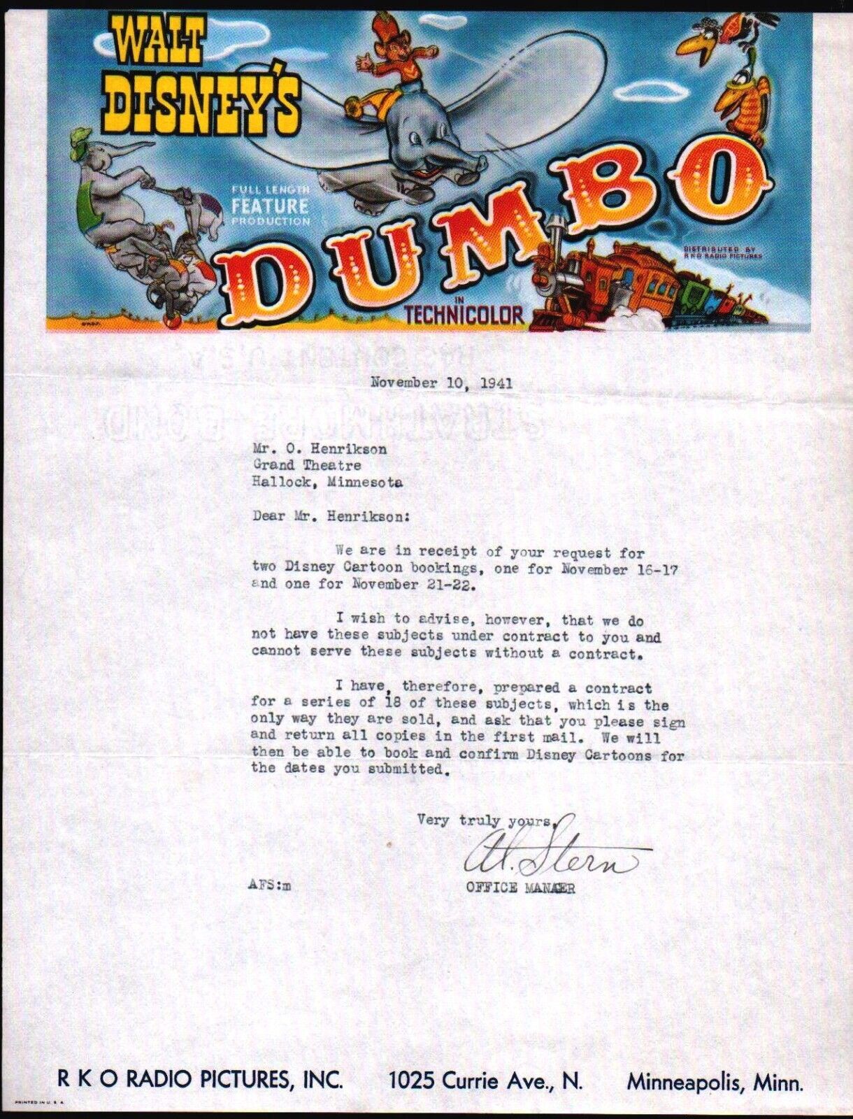 1941 Walt Disney\'s  - Dumbo - SPECTACULAR EX RARE Color Letter Head Bill