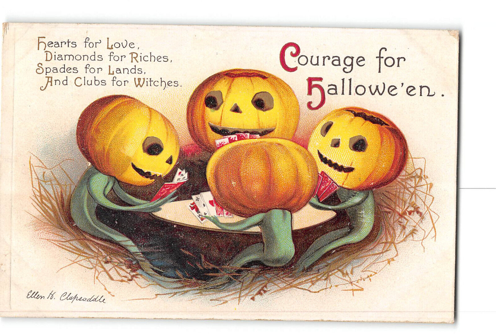 Halloween Artist Ellen Clapsaddle Postcard 1913 Jack O Lanterns Playing Cards