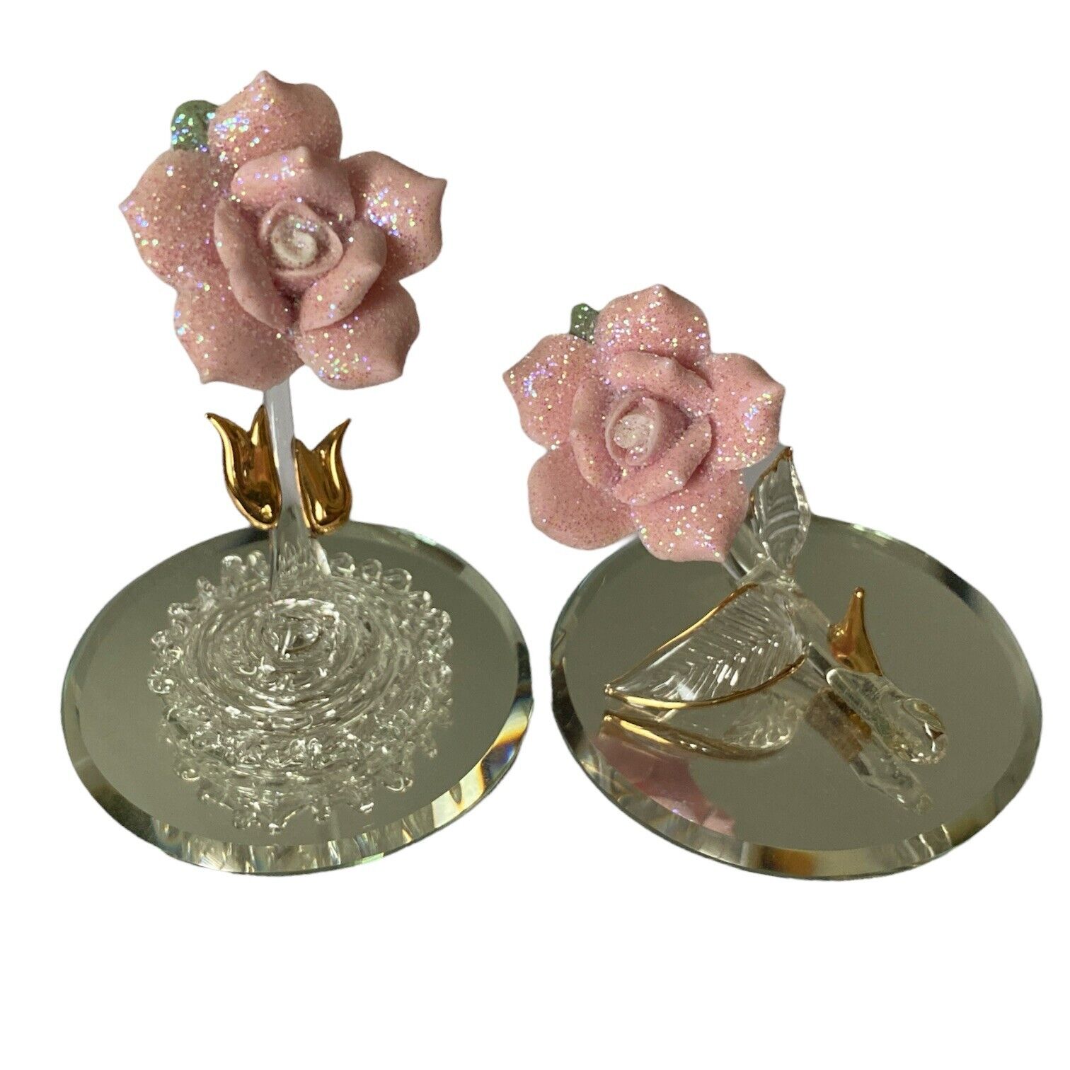 Glass Baron Crystal Roses LOT 2x Pink Glitter Gold Thorns Mirror Base Vintage