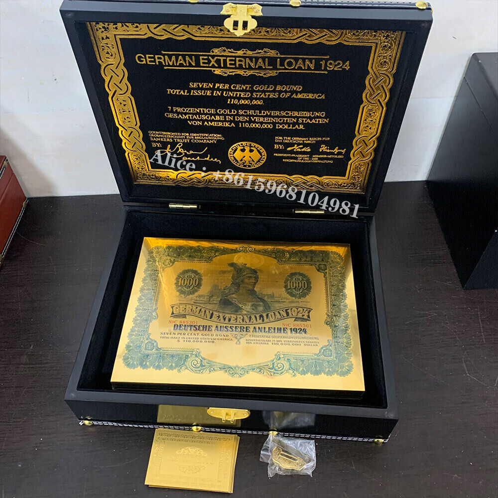 100pcs 1924 German Gold Bond $1000 Gold Foil Banknote Bond Scroll in Black Box