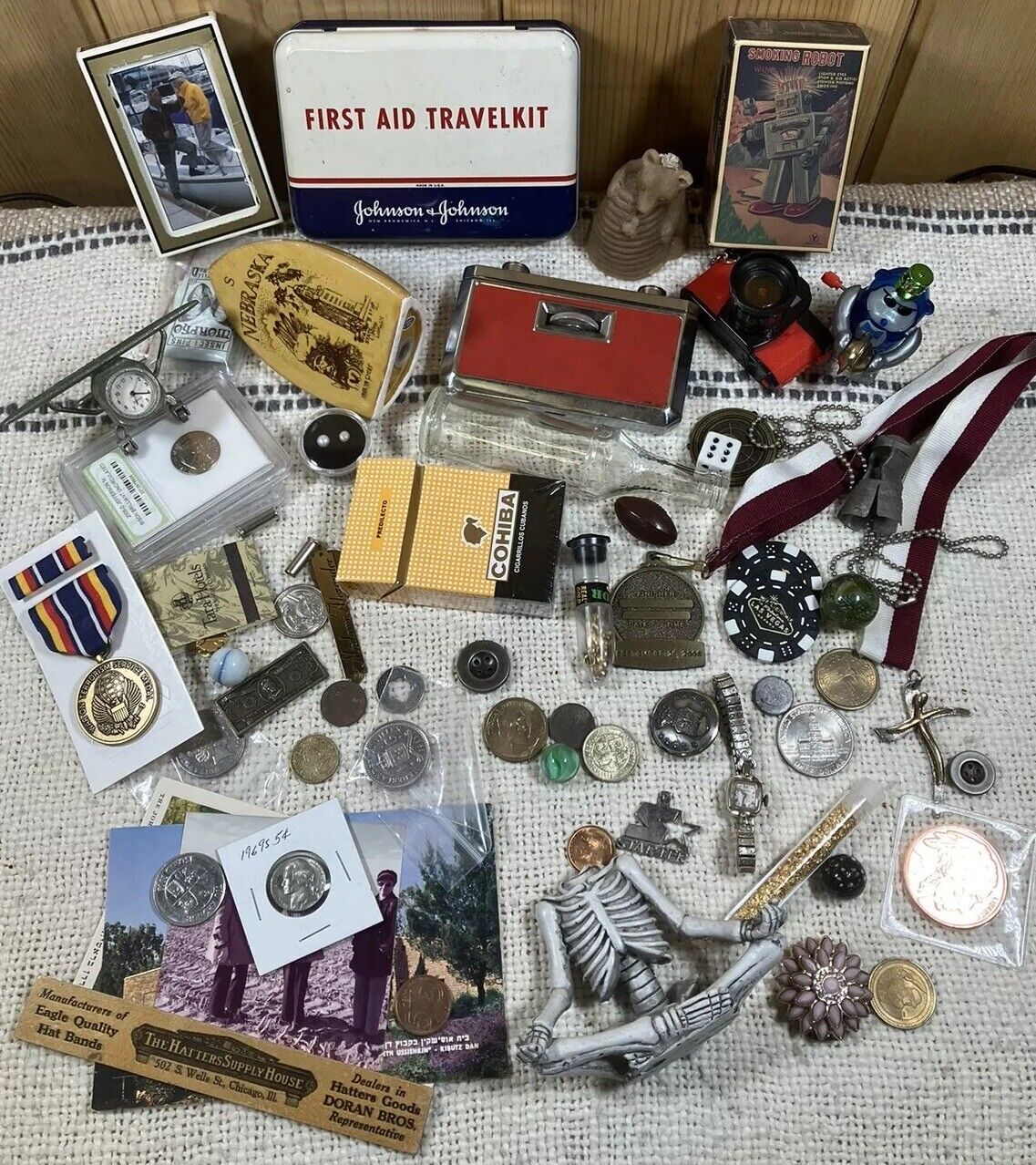 Vintage to Now Junk Drawer Estate Lot Coins Gems Marbles Watch Military Gold