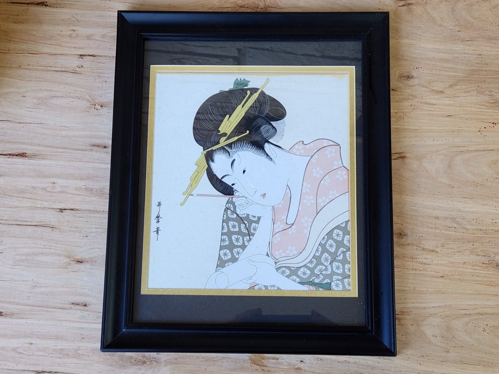Kitagawa Utamaro Woodblock? Print Framed Japanese Courtesan Hanaogi Of Ogiya Vtg