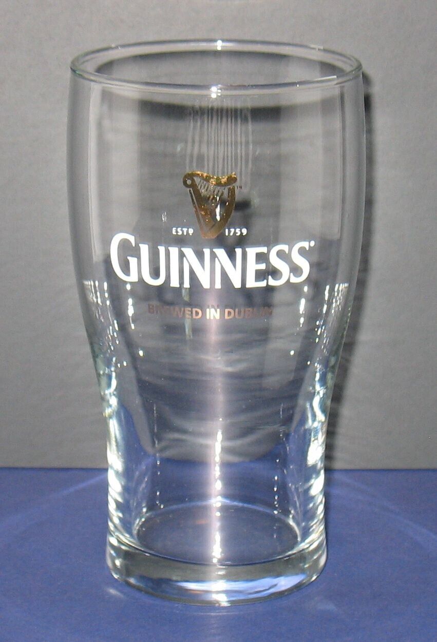 Guinness 5 3/4” Tulip Pint Beer Glass White Text Gold Harp Logo Brewed In Dublin